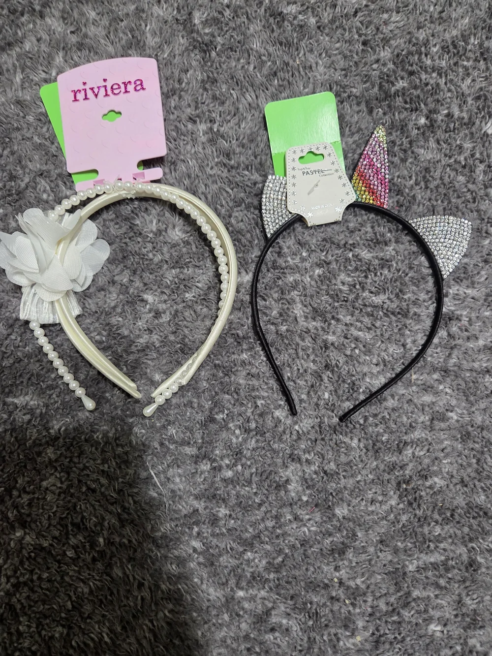 Riviera White Pearl Flower Headband & Black Unicorn Rhinestone Cat Ear Headband